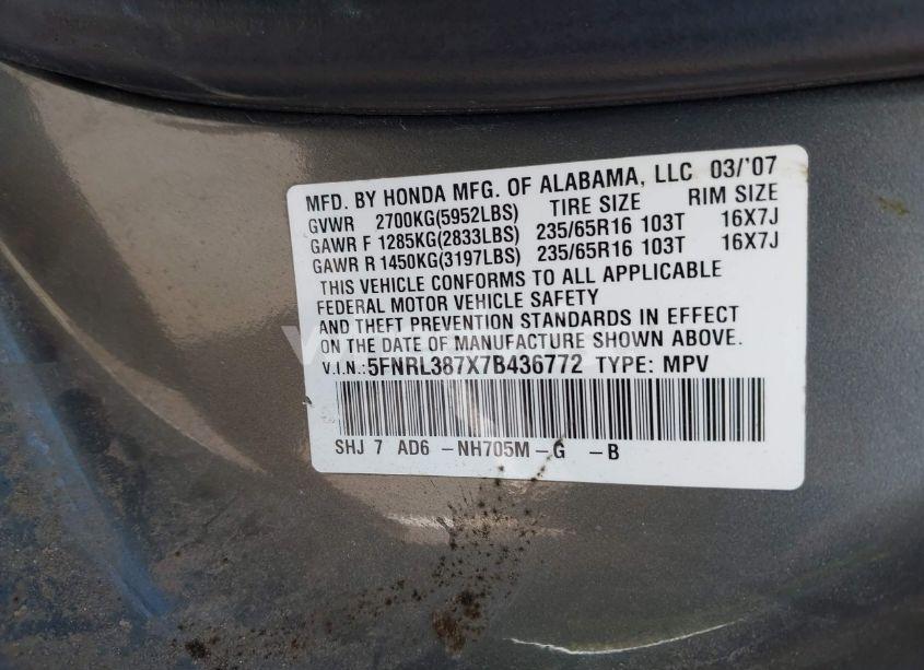 Photo 9 of 2007 Honda Odyssey EXL (VIN 5FNRL387X7B436772)