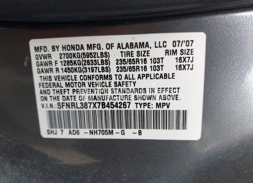 Photo 9 of 2007 Honda Odyssey EX-L (VIN 5FNRL387X7B454267)