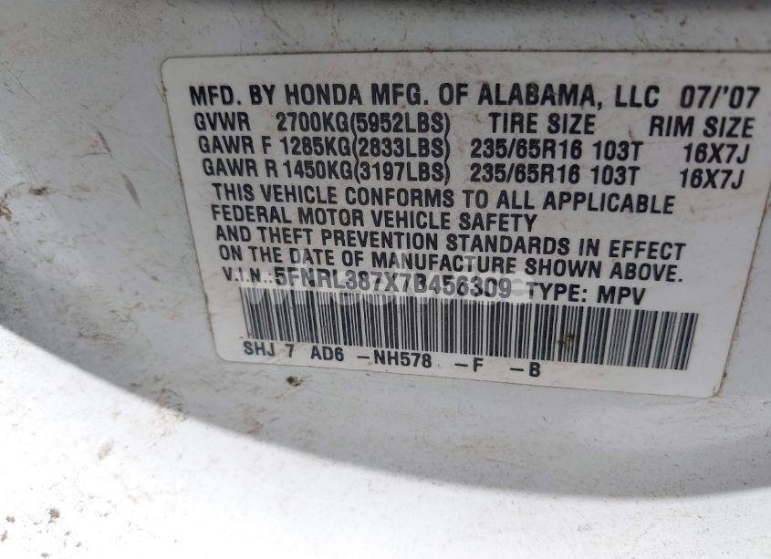 Photo 9 of 2007 Honda Odyssey EX-L (VIN 5FNRL387X7B456309)