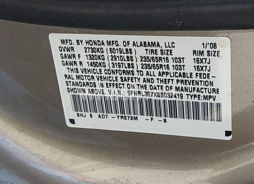 Photo 9 of 2008 Honda Odyssey EX-L (VIN 5FNRL387X8B032419)
