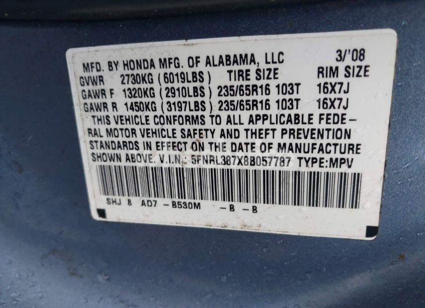 Photo 9 of 2008 Honda Odyssey EX-L (VIN 5FNRL387X8B057787)