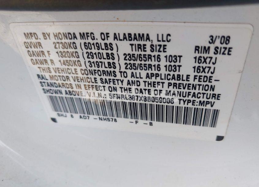 Photo 9 of 2008 Honda Odyssey EX-L (VIN 5FNRL387X8B059006)