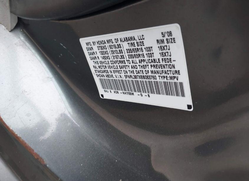 Photo 9 of 2008 Honda Odyssey EX-L (VIN 5FNRL387X8B083760)