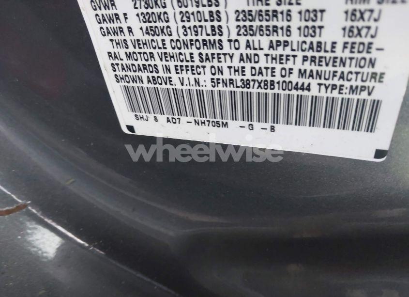 Photo 9 of 2008 Honda Odyssey EX-L (VIN 5FNRL387X8B100444)