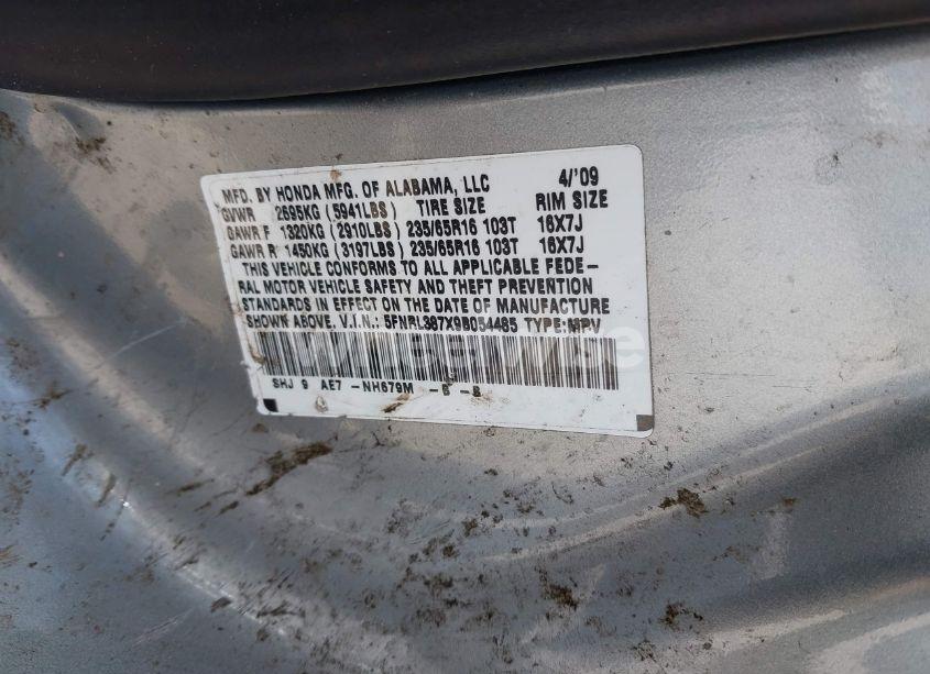 Photo 9 of 2009 Honda Odyssey EX-L (VIN 5FNRL387X9B054485)