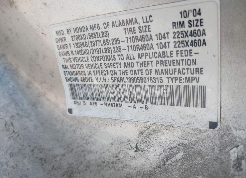 Photo 9 of 2005 Honda Odyssey TOURING (VIN 5FNRL38805B016315)