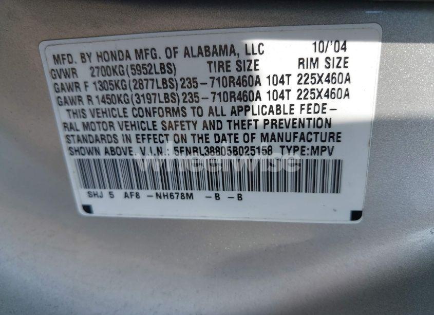 Photo 9 of 2005 Honda Odyssey TOURING (VIN 5FNRL38805B025158)