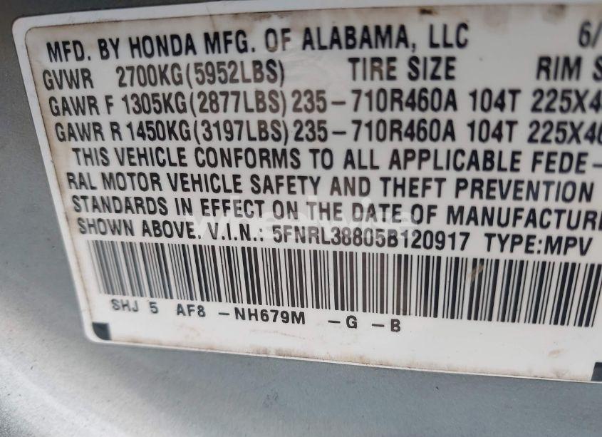 Photo 9 of 2005 Honda Odyssey TOURING (VIN 5FNRL38805B120917)