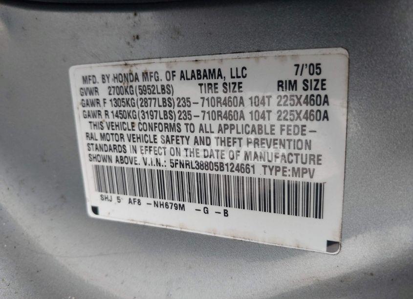 Photo 9 of 2005 Honda Odyssey TOURING (VIN 5FNRL38805B124661)