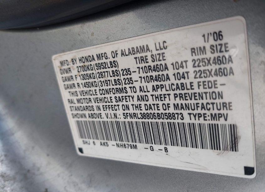 Photo 9 of 2006 Honda Odyssey TOURING (VIN 5FNRL38806B058873)