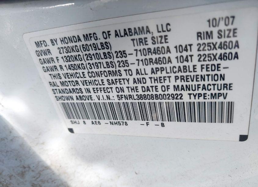 Photo 9 of 2008 Honda Odyssey TOURING (VIN 5FNRL38808B002922)