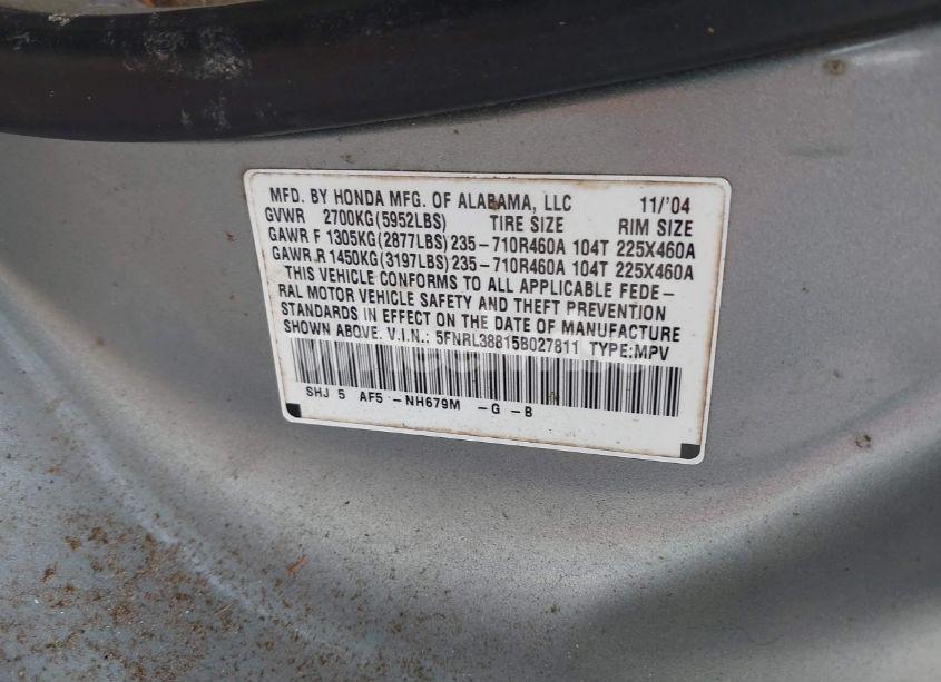 Photo 9 of 2005 Honda Odyssey TOURING (VIN 5FNRL38815B027811)