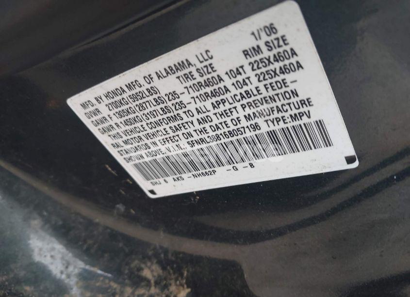 Photo 9 of 2006 Honda Odyssey TOURING (VIN 5FNRL38816B057196)