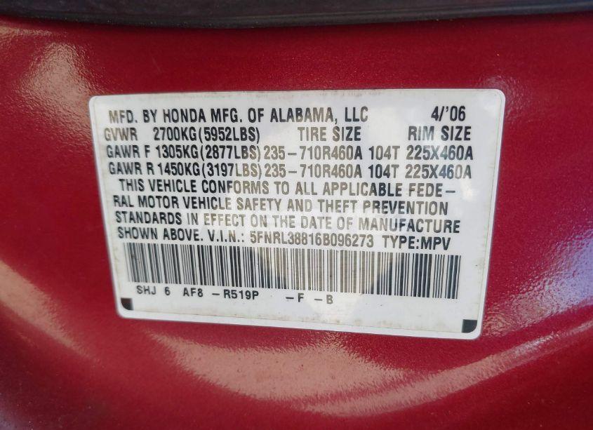 Photo 9 of 2006 Honda Odyssey TOURING (VIN 5FNRL38816B096273)