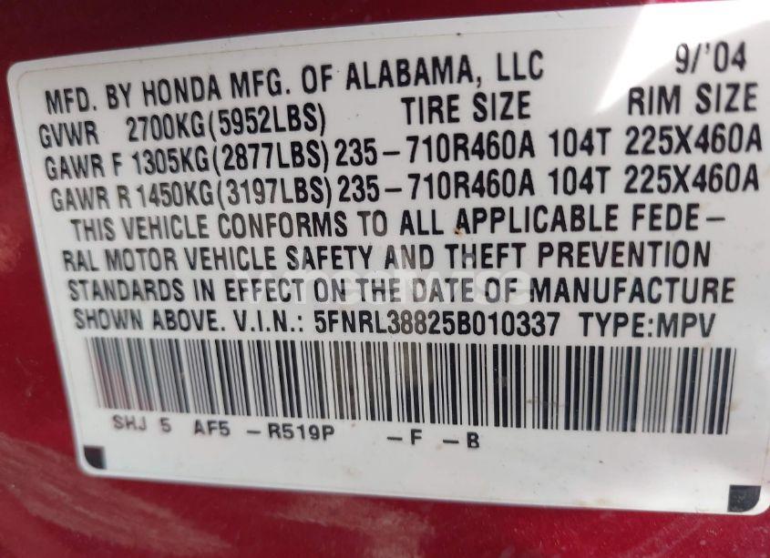 Photo 9 of 2005 Honda Odyssey TOURING (VIN 5FNRL38825B010337)