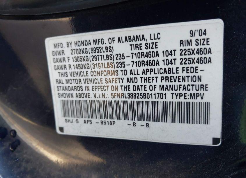 Photo 9 of 2005 Honda Odyssey TOURING (VIN 5FNRL38825B011701)