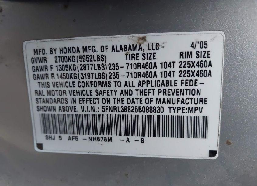 Photo 9 of 2005 Honda Odyssey TOURING (VIN 5FNRL38825B088830)