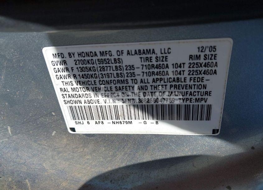 Photo 9 of 2006 Honda Odyssey TOURING (VIN 5FNRL38826B047759)