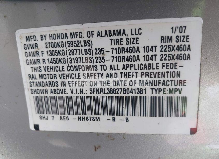 Photo 9 of 2007 Honda Odyssey TOURING (VIN 5FNRL38827B041381)