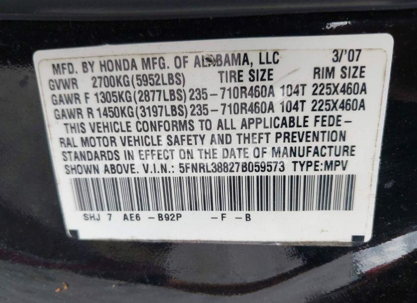 Photo 9 of 2007 Honda Odyssey TOURING (VIN 5FNRL38827B059573)