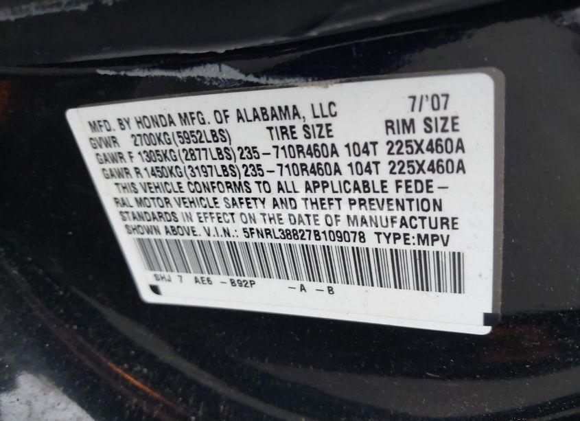 Photo 9 of 2007 Honda Odyssey TOURING (VIN 5FNRL38827B109078)