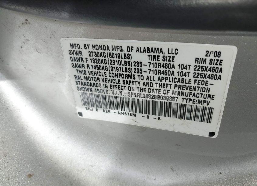 Photo 9 of 2008 Honda Odyssey TOURING (VIN 5FNRL38828B039387)