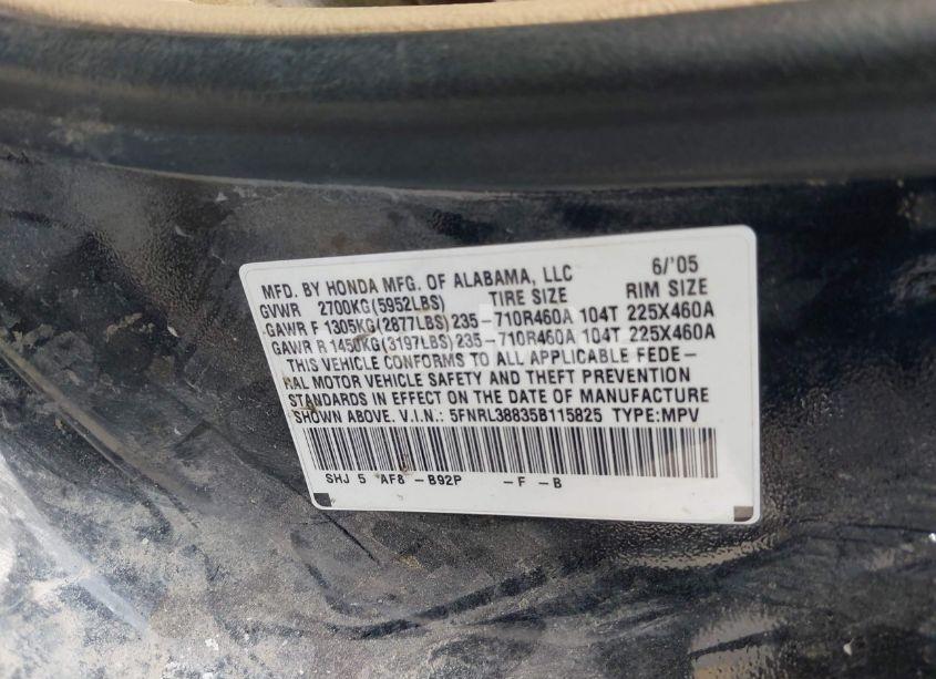 Photo 9 of 2005 Honda Odyssey TOURING (VIN 5FNRL38835B115825)