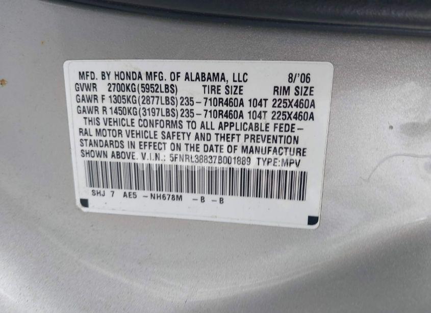 Photo 9 of 2007 Honda Odyssey TOURING (VIN 5FNRL38837B001889)