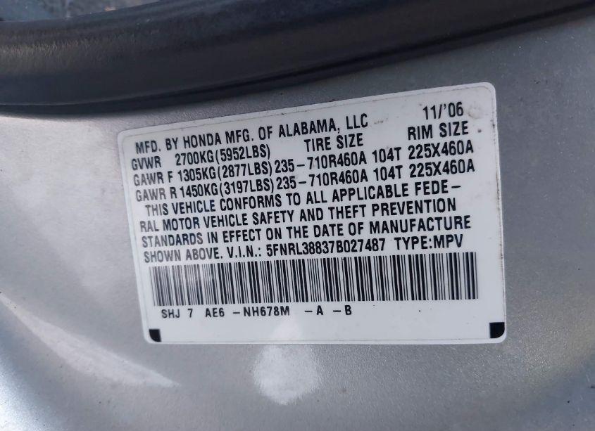 Photo 9 of 2007 Honda Odyssey TOURING (VIN 5FNRL38837B027487)