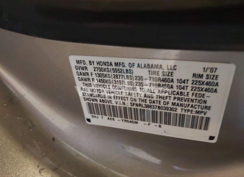 Photo 9 of 2007 Honda Odyssey TOURING (VIN 5FNRL38837B039302)