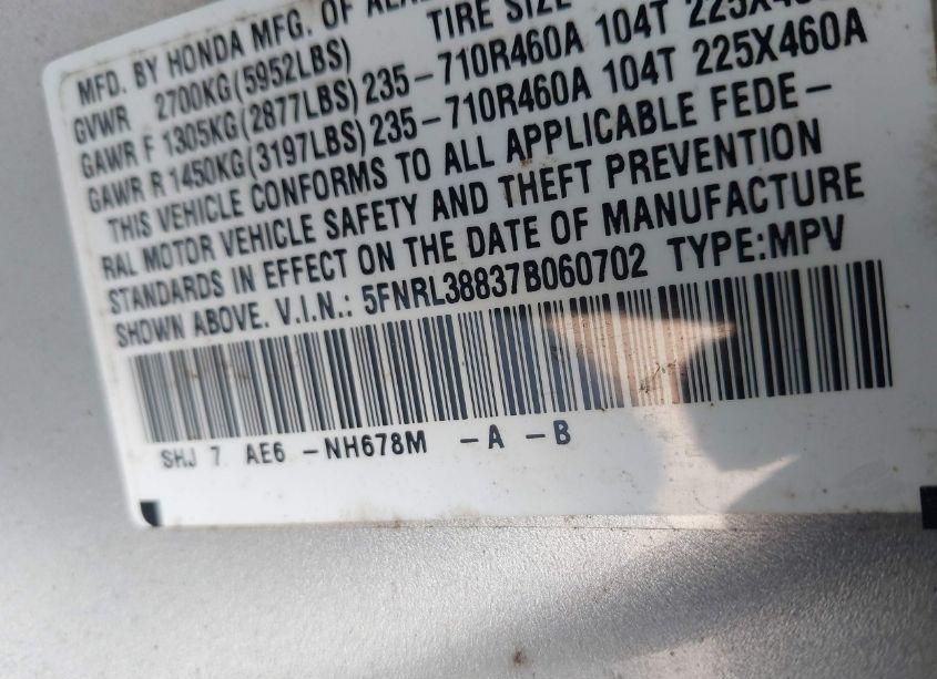 Photo 9 of 2007 Honda Odyssey TOURING (VIN 5FNRL38837B060702)