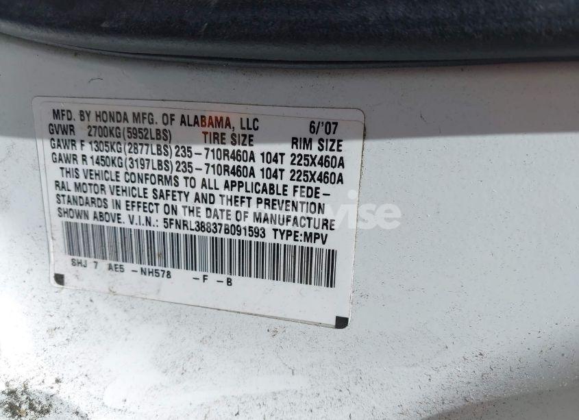 Photo 9 of 2007 Honda Odyssey TOURING (VIN 5FNRL38837B091593)