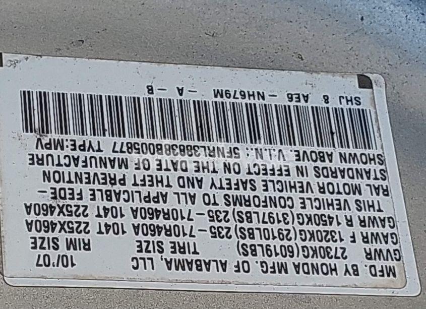 Photo 9 of 2008 Honda Odyssey TOURING (VIN 5FNRL38838B005877)