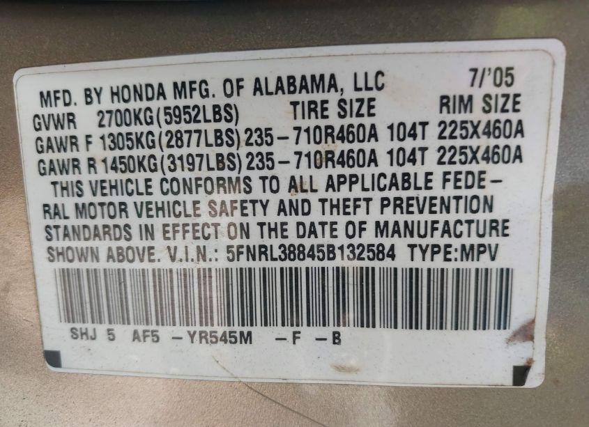 Photo 9 of 2005 Honda Odyssey TOURING (VIN 5FNRL38845B132584)