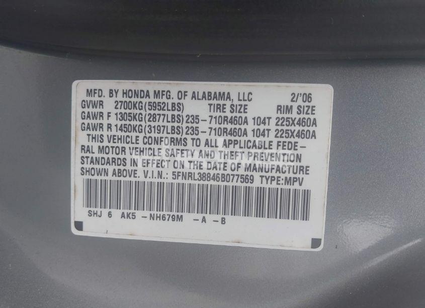 Photo 9 of 2006 Honda Odyssey TOURING (VIN 5FNRL38846B077569)