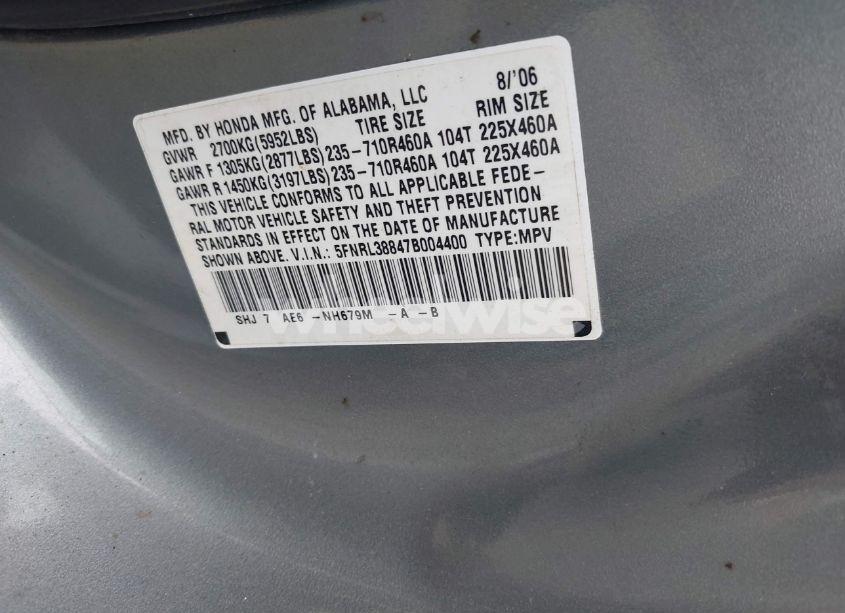 Photo 9 of 2007 Honda Odyssey TOURING (VIN 5FNRL38847B004400)