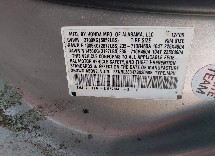 Photo 9 of 2007 Honda Odyssey TOURING (VIN 5FNRL38847B030608)