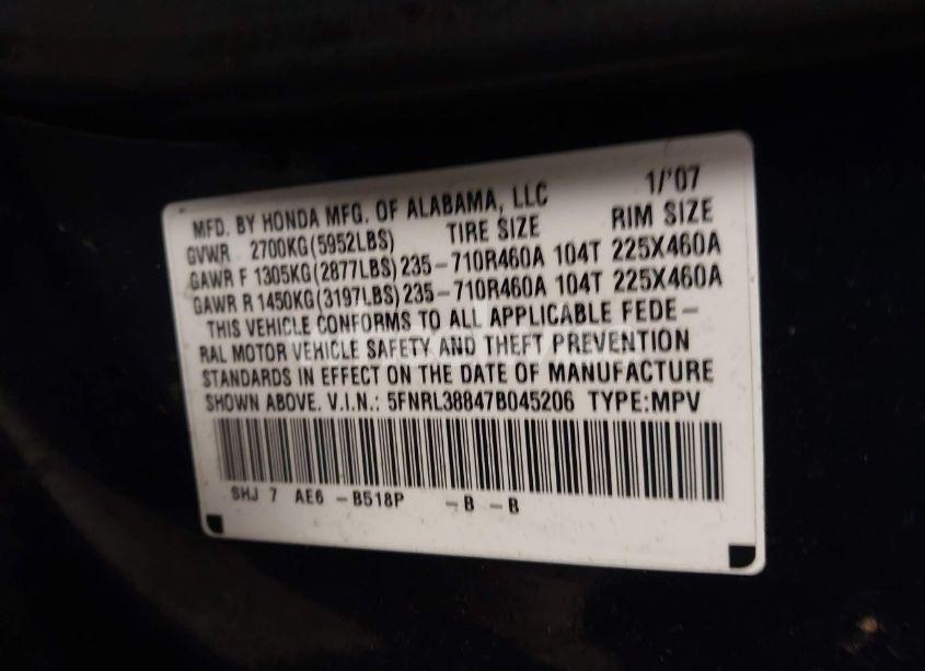 Photo 9 of 2007 Honda Odyssey TOURING (VIN 5FNRL38847B045206)