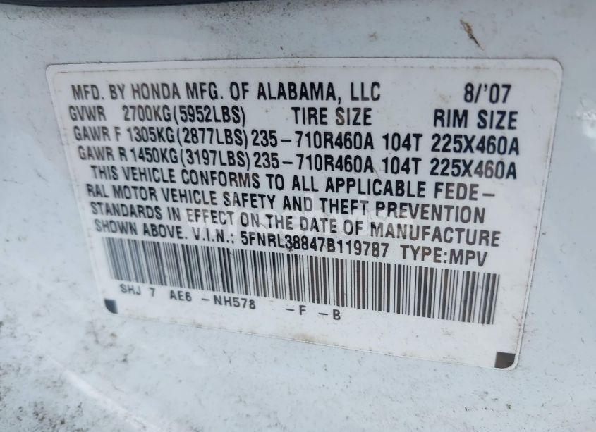 Photo 9 of 2007 Honda Odyssey TOURING (VIN 5FNRL38847B119787)