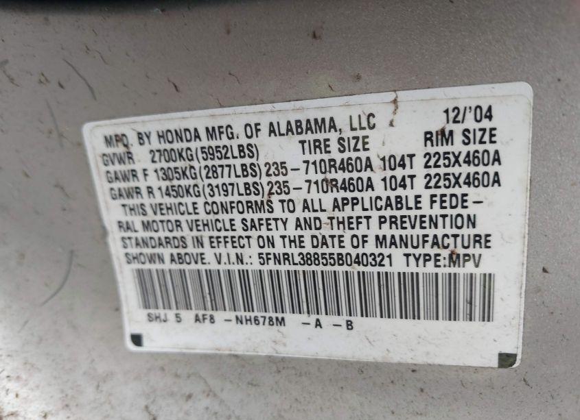 Photo 9 of 2005 Honda Odyssey TOURING (VIN 5FNRL38855B040321)