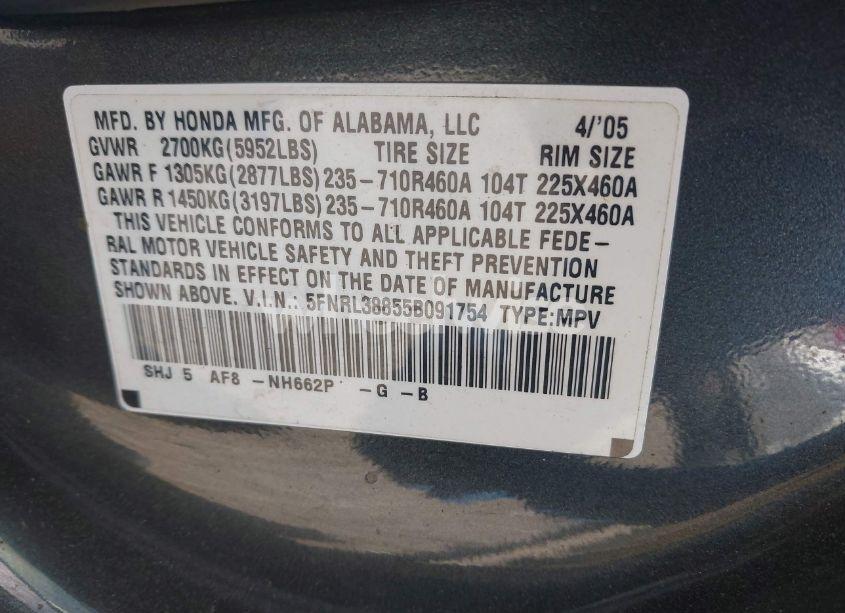 Photo 9 of 2005 Honda Odyssey TOURING (VIN 5FNRL38855B091754)