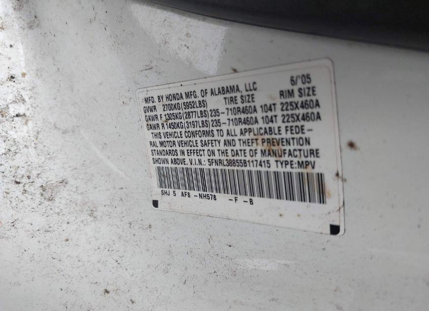 Photo 9 of 2005 Honda Odyssey TOURING (VIN 5FNRL38855B117415)