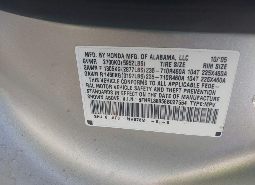 Photo 9 of 2006 Honda Odyssey TOURING (VIN 5FNRL38856B027554)