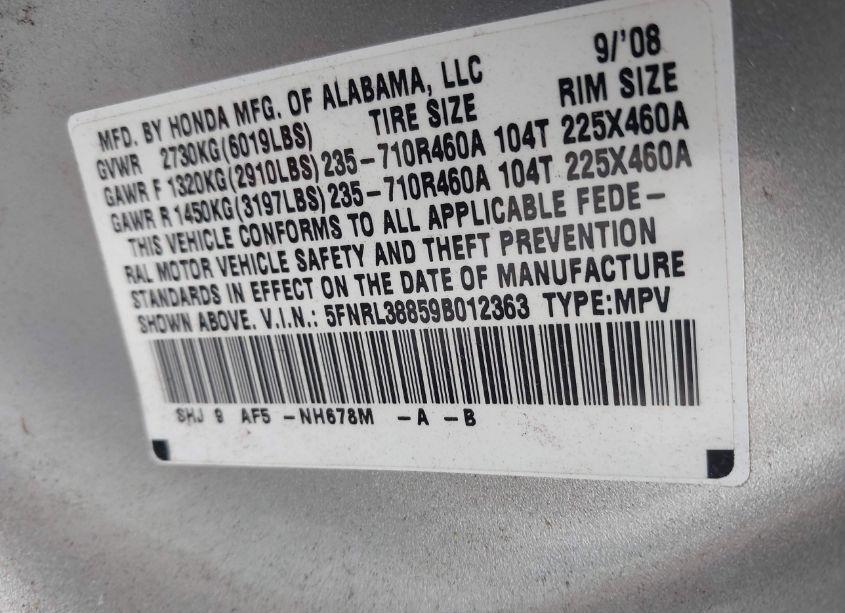 Photo 9 of 2009 Honda Odyssey TOURING (VIN 5FNRL38859B012363)