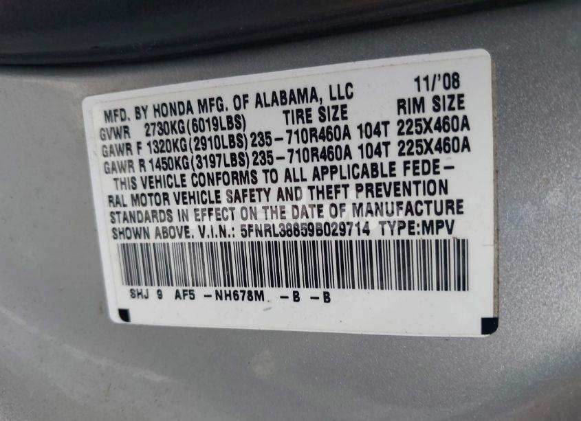 Photo 9 of 2009 Honda Odyssey TOURING (VIN 5FNRL38859B029714)