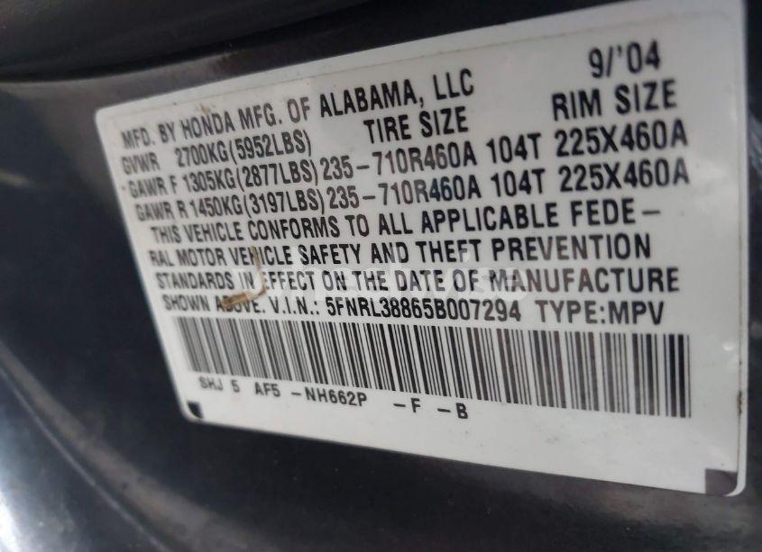 Photo 8 of 2005 Honda Odyssey TOURING (VIN 5FNRL38865B007294)