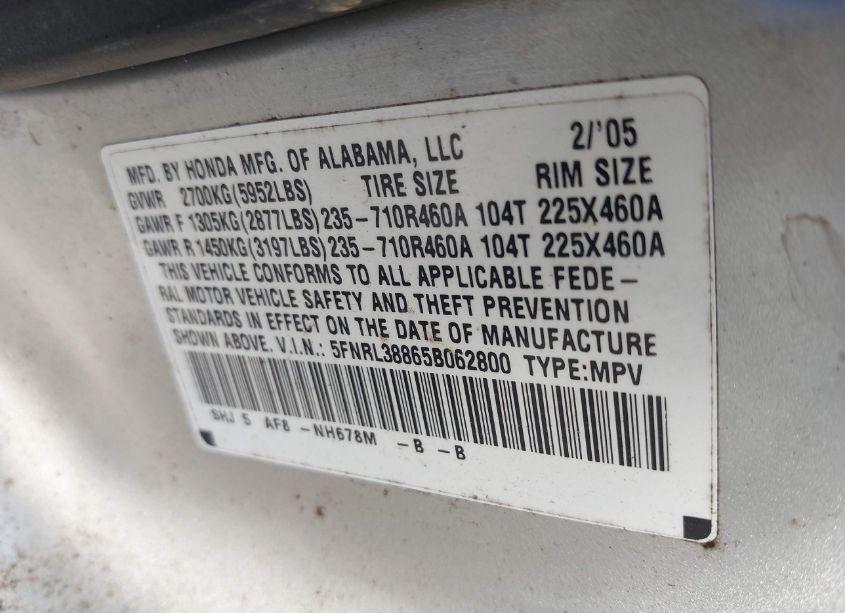 Photo 9 of 2005 Honda Odyssey TOURING (VIN 5FNRL38865B062800)