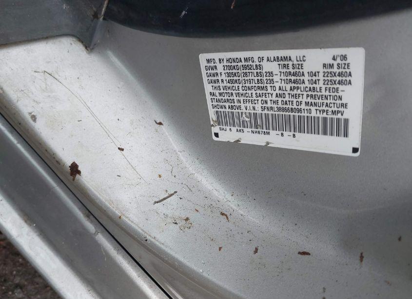 Photo 9 of 2006 Honda Odyssey TOURING (VIN 5FNRL38866B096110)