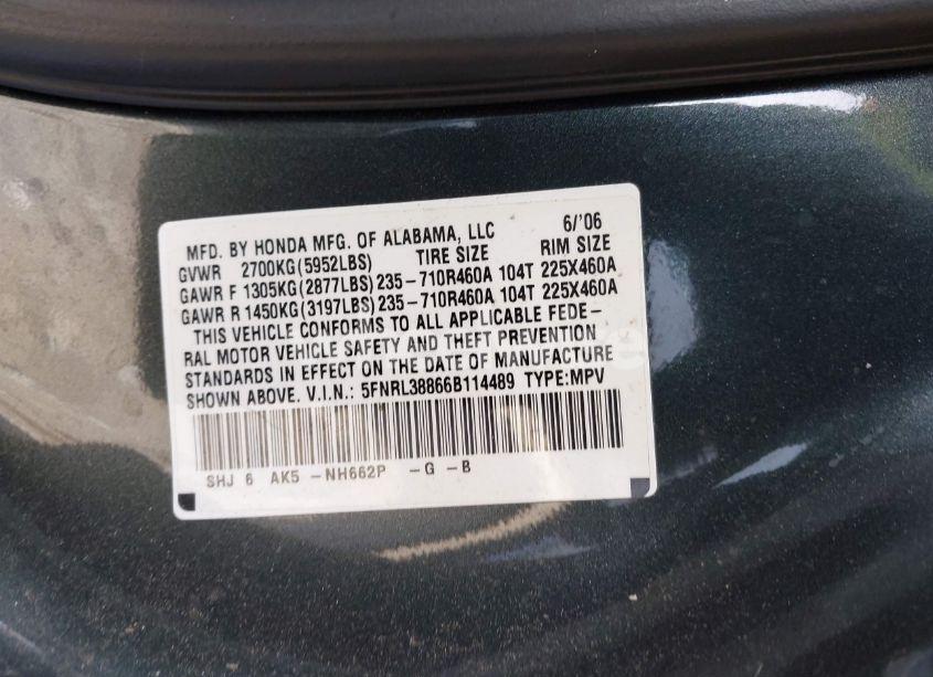 Photo 9 of 2006 Honda Odyssey TOURING (VIN 5FNRL38866B114489)