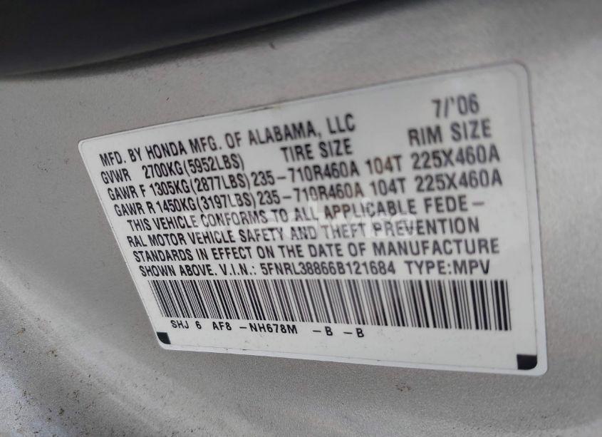 Photo 9 of 2006 Honda Odyssey TOURING (VIN 5FNRL38866B121684)